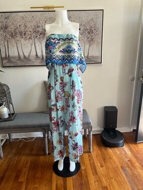 Zara Strapless Floral Jumpsuit in Light Blue, Purple & Pink Small